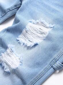 Men Letter Embroidery Ripped Frayed Bleach Wash Jeans - Light Wash - View 5