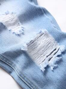 Men Letter Embroidery Ripped Frayed Bleach Wash Jeans - Light Wash - View 6