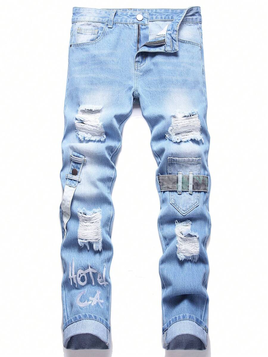 Nam Đồ họa Chữ cái Rách Frayed Chi tiết được vá Quần jean - Rửa nhẹ - Xem 1