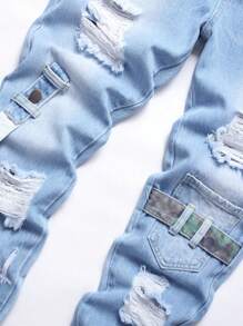 Nam Đồ họa Chữ cái Rách Frayed Chi tiết được vá Quần jean - Rửa nhẹ - Xem 3