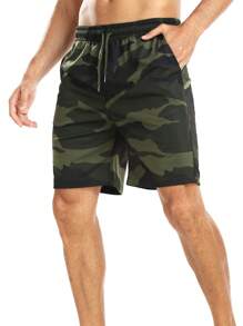 Hombres Shorts con estampado de camuflaje de cintura con cordón - Verde militar - Ver 1