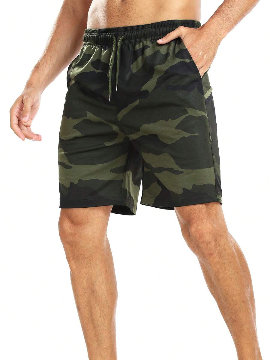 Hombres Shorts con estampado de camuflaje de cintura con cordón - Verde militar - Ver 1