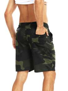 Hombres Shorts con estampado de camuflaje de cintura con cordón - Verde militar - Ver 2