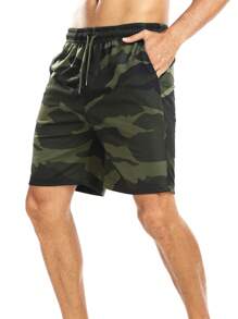 Hombres Shorts con estampado de camuflaje de cintura con cordón - Verde militar - Ver 3
