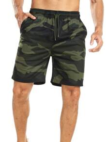 Hombres Shorts con estampado de camuflaje de cintura con cordón - Verde militar - Ver 4