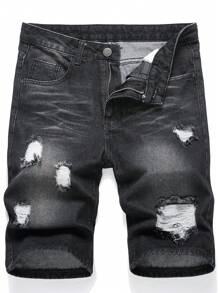 Men Cotton Ripped Frayed Denim Shorts - Black - View 1