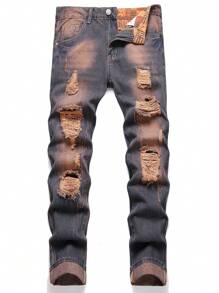 Men Ripped Frayed Bleach Wash Jeans - Dark Wash - View 1