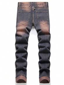 Men Ripped Frayed Bleach Wash Jeans - Dark Wash - View 2