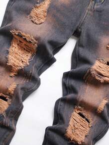 Men Ripped Frayed Bleach Wash Jeans - Dark Wash - View 3