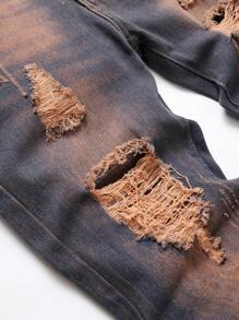 Men Ripped Frayed Bleach Wash Jeans - Dark Wash - View 6
