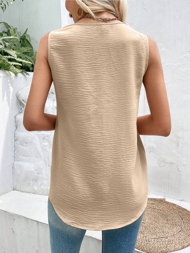 SHEIN LUNE 素色褶皺細節方領無袖襯衫 - 杏色 - 查看 6
