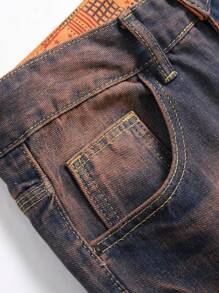 Men Ripped Frayed Bleach Wash Jeans - Dark Wash - View 7