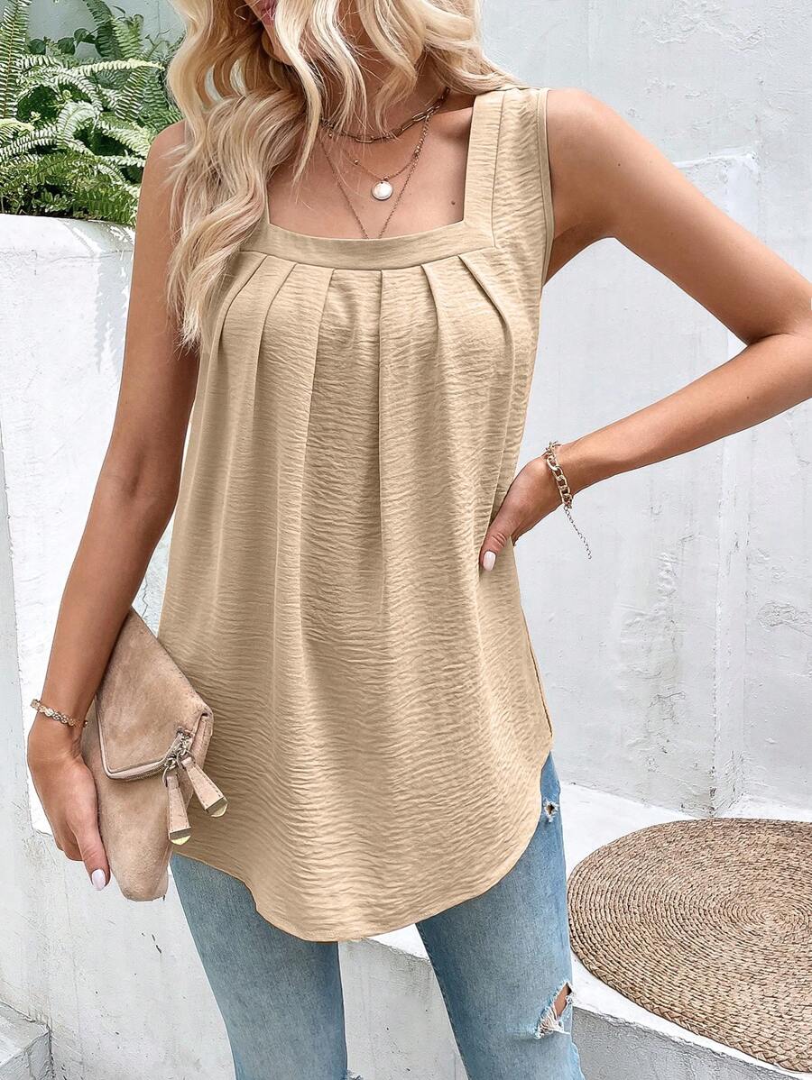 SHEIN LUNE Solid Fold Pleated Detail Square Neck Sleeveless Blouse - Apricot - View 1