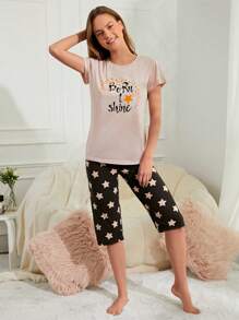 RueChic Star And Slogan Graphic PJ Set - 杏色 - 查看 3