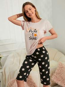 RueChic Star And Slogan Graphic PJ Set - 杏色 - 查看 4