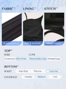 SHEIN Swim Curve Conjunto de bikini de talla grande en color liso con sujetador halter y soporte lateral para playa en verano - Negro - Ver 3