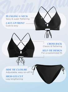 SHEIN Swim Curve Conjunto de bikini de talla grande en color liso con sujetador halter y soporte lateral para playa en verano - Negro - Ver 4
