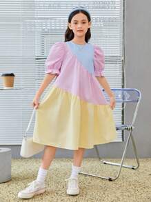 SHEIN 青少女條紋印花泡泡袖荷葉邊襯衫裙 - 彩色 - 查看 3