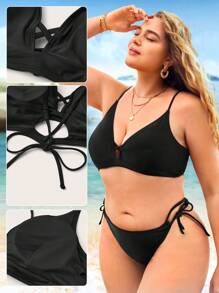 SHEIN Swim Curve Conjunto de bikini de talla grande en color liso con sujetador halter y soporte lateral para playa en verano - Negro - Ver 5
