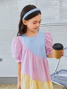 SHEIN 青少女條紋印花泡泡袖荷葉邊襯衫裙 - 彩色 - 查看 4