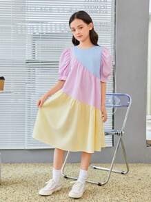 SHEIN 青少女條紋印花泡泡袖荷葉邊襯衫裙 - 彩色 - 查看 5