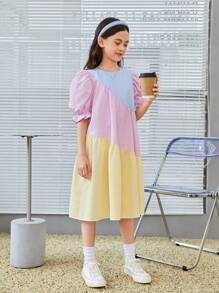 SHEIN 青少女條紋印花泡泡袖荷葉邊襯衫裙 - 彩色 - 查看 6