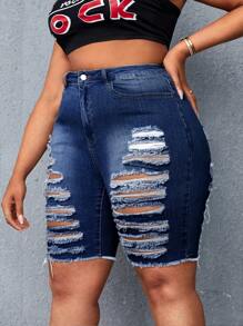 SHEIN Plus Ripped Raw Hem Denim Shorts - Dark Wash - View 2