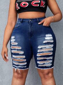 SHEIN Plus Ripped Raw Hem Denim Shorts - Dark Wash - View 3