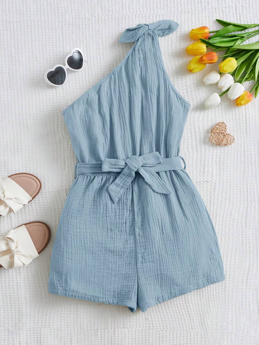 SHEIN Teen Girls One Shoulder Belted Romper - Dusty Blue - View 1