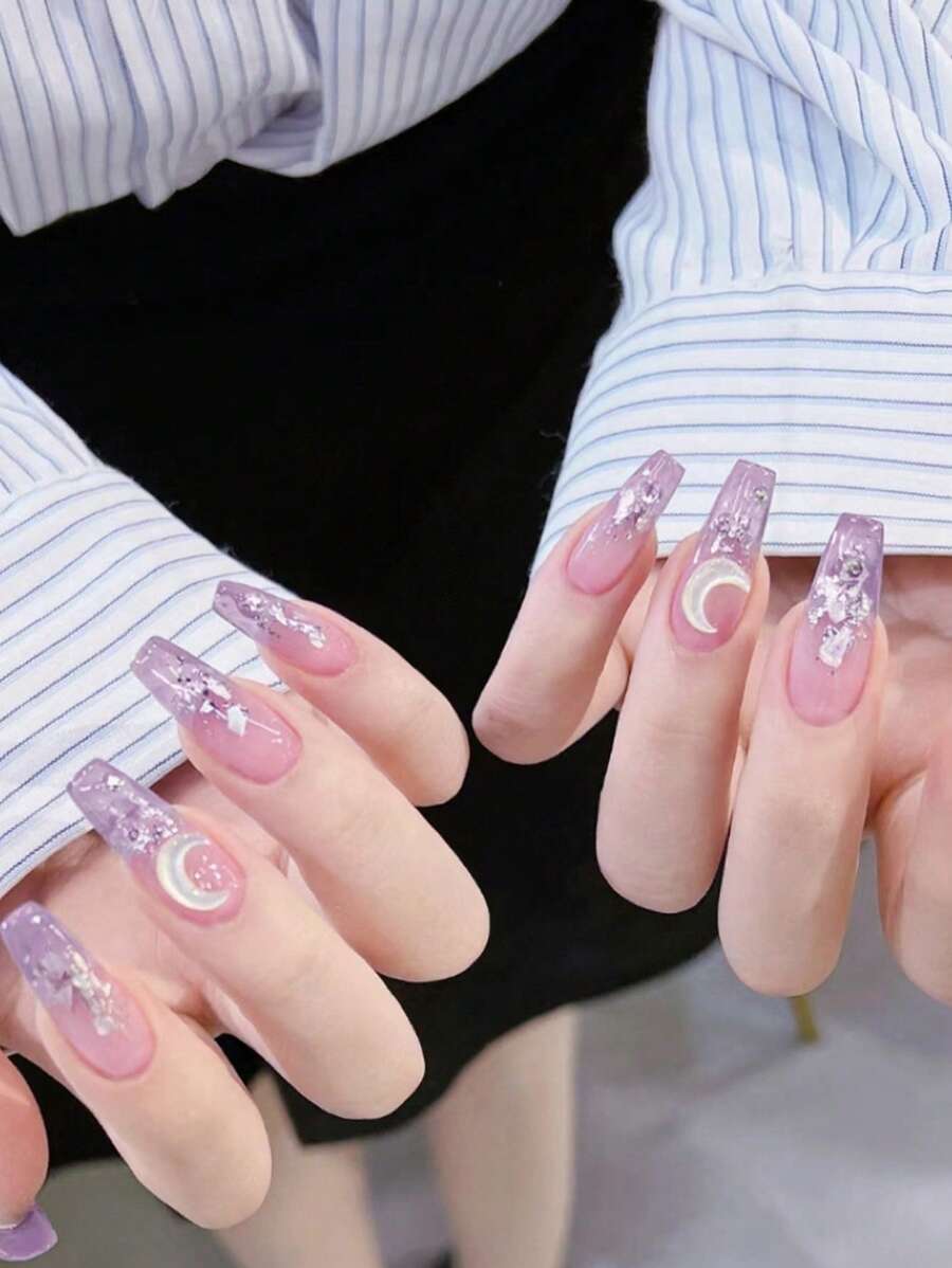 Nâng cấp diện mạo của bạn với 24 chiếc 3D Moon Decor Dài Quan tài Full Cover Bộ móng tay giả Ấn vào móng tay - Màu tím hoa cà - Xem 1