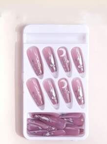 Nâng cấp diện mạo của bạn với 24 chiếc 3D Moon Decor Dài Quan tài Full Cover Bộ móng tay giả Ấn vào móng tay - Màu tím hoa cà - Xem 3