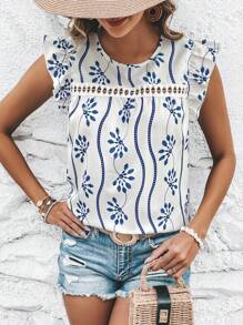 SHEIN VCAY Floral Print Ruffle Trim Guipure Lace Insert Blouse - Blue and White - View 1