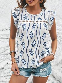 SHEIN VCAY Floral Print Ruffle Trim Guipure Lace Insert Blouse - Blue and White - View 5