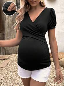 SHEIN Maternity Cross Wrap Front Puff Sleeve Nursing Tee - Black - View 1