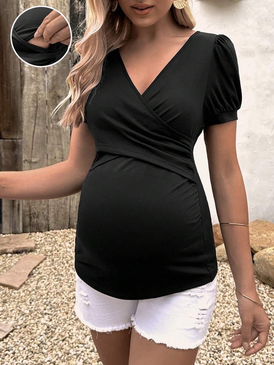 SHEIN Maternity Cross Wrap Front Puff Sleeve Nursing Tee - Black - View 1