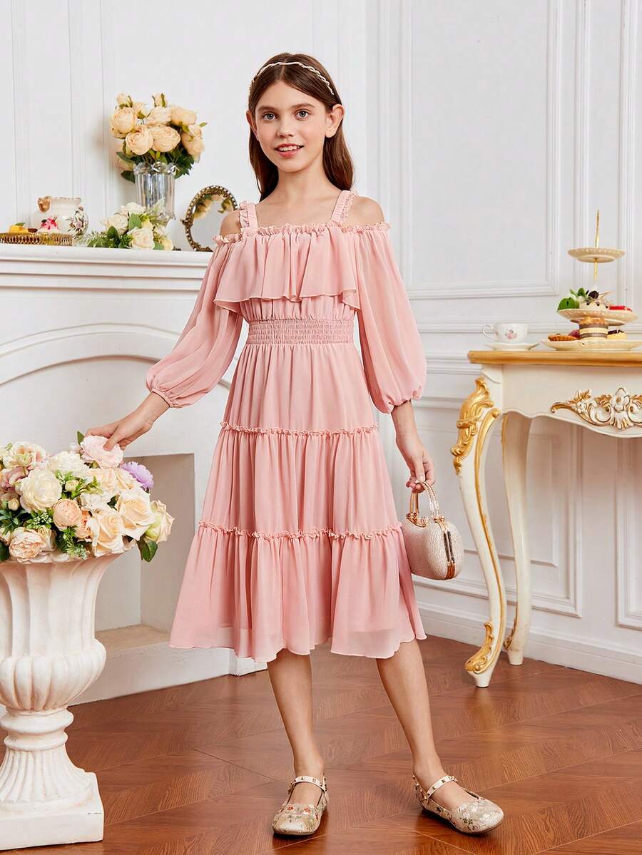 SHEIN Chicas Vestido de hombros descubiertos ribete con fruncido bajo con fruncido - Rosa Pálido - Ver 1