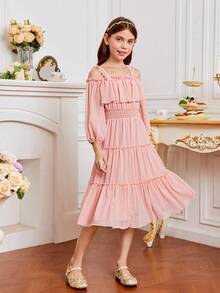 SHEIN Chicas Vestido de hombros descubiertos ribete con fruncido bajo con fruncido - Rosa Pálido - Ver 3