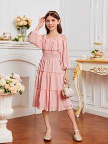 SHEIN Chicas Vestido de hombros descubiertos ribete con fruncido bajo con fruncido - Rosa Pálido - Ver 4