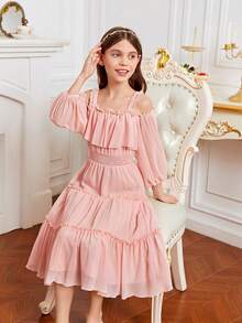 SHEIN Chicas Vestido de hombros descubiertos ribete con fruncido bajo con fruncido - Rosa Pálido - Ver 5