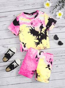 SHEIN 小女童紮染T恤和短褲 - 彩色 - 查看 1