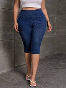 大碼高腰緊身七分牛仔褲 - 深色水洗藍 - 查看 3