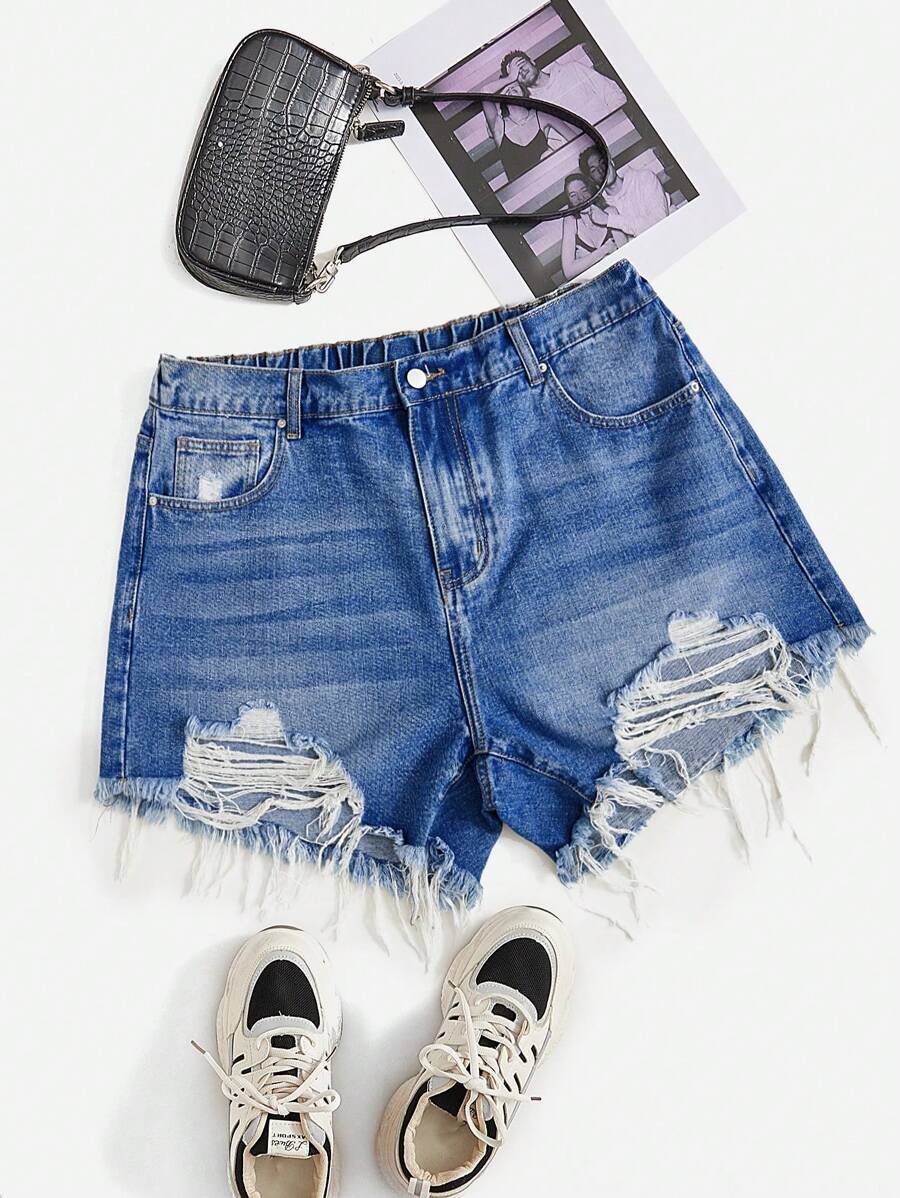 大碼破洞毛邊牛仔短褲 - 深色水洗藍 - 查看 1
