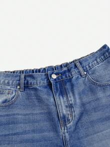 大碼破洞毛邊牛仔短褲 - 深色水洗藍 - 查看 4