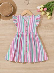 SHEIN Toddler Girls Striped Ruffle Trim Button Front Dress - Multicolor - View 1