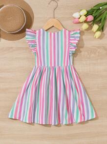 SHEIN Toddler Girls Striped Ruffle Trim Button Front Dress - Multicolor - View 2