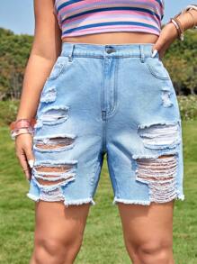 SHEIN VCAY Quần short denim oversized Túi Bị tách Dây kéo Nút Hem thô màu trơn - Rửa nhẹ - Xem 3
