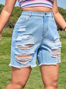 SHEIN VCAY Quần short denim oversized Túi Bị tách Dây kéo Nút Hem thô màu trơn - Rửa nhẹ - Xem 4