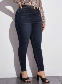 SHEIN Plus High Waist Skinny Jeans Without Belt - Dark Wash - View 3