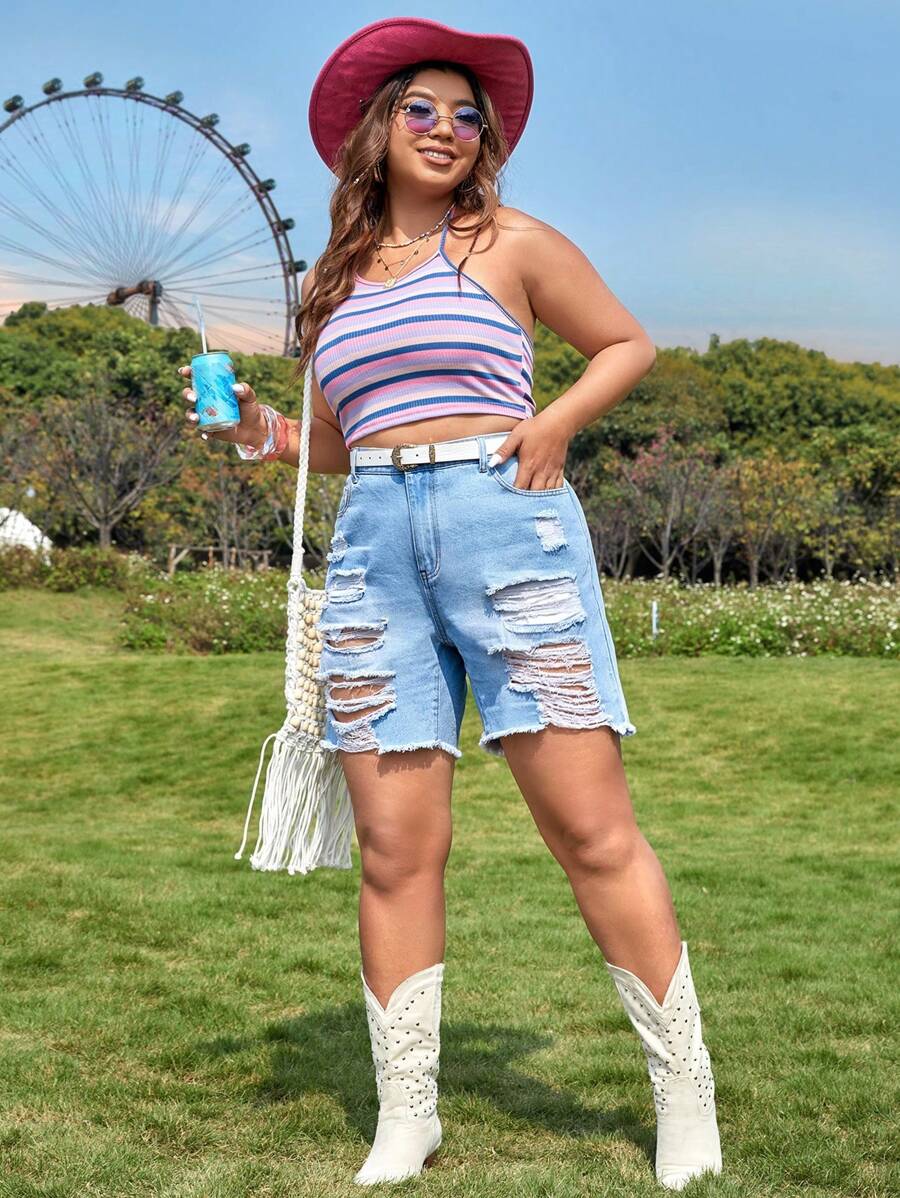 SHEIN VCAY Quần short denim oversized Túi Bị tách Dây kéo Nút Hem thô màu trơn - Rửa nhẹ - Xem 1