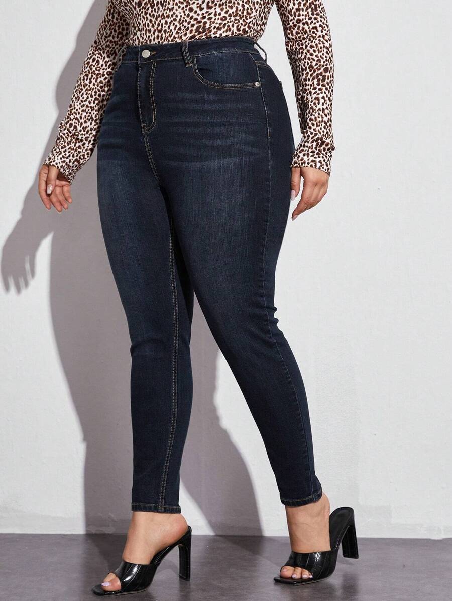 SHEIN Plus High Waist Skinny Jeans Without Belt - Dark Wash - View 1